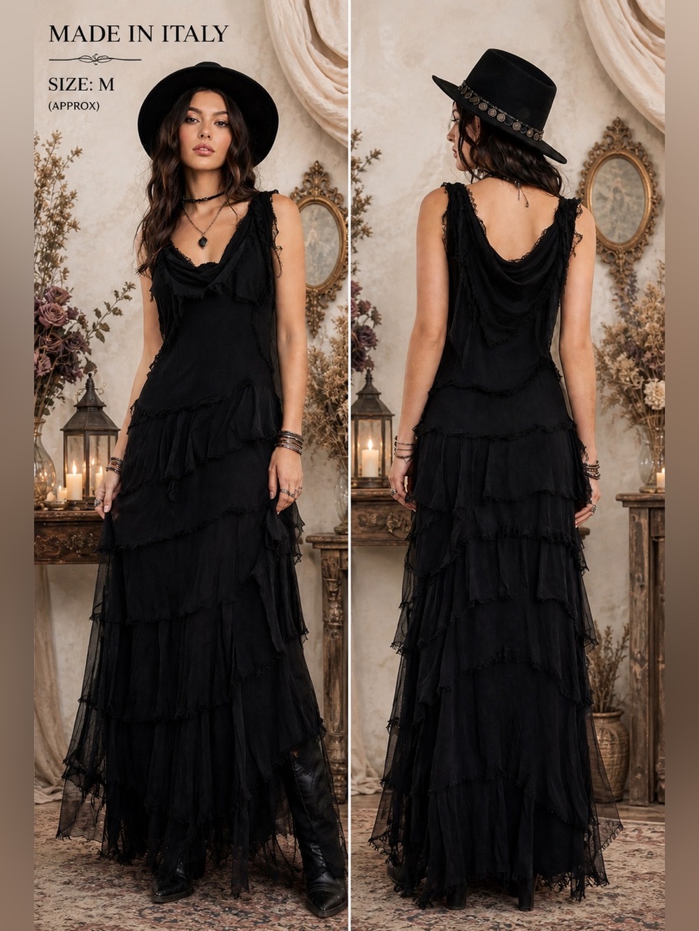 Silk Tiered black Ruffle Maxi Dress women medium Whimsigoth Italy flowy witchy